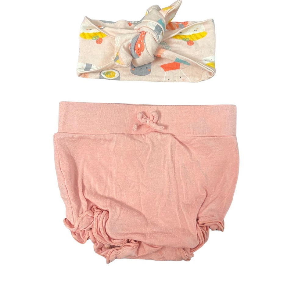 Angel Dear Pink Diaper Cover and Sushi Print Headband Set Bamboo 12-18 Months
